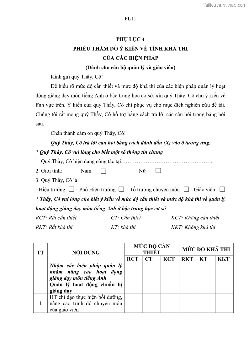 Luận văn thạc sĩ khoa học giáo dục Quản lý hoạt động giảng dạy môn Tiếng Anh ở trường trung học cơ sở huyện Tam Bình, tỉnh Vĩnh Long - 10 Trang 109