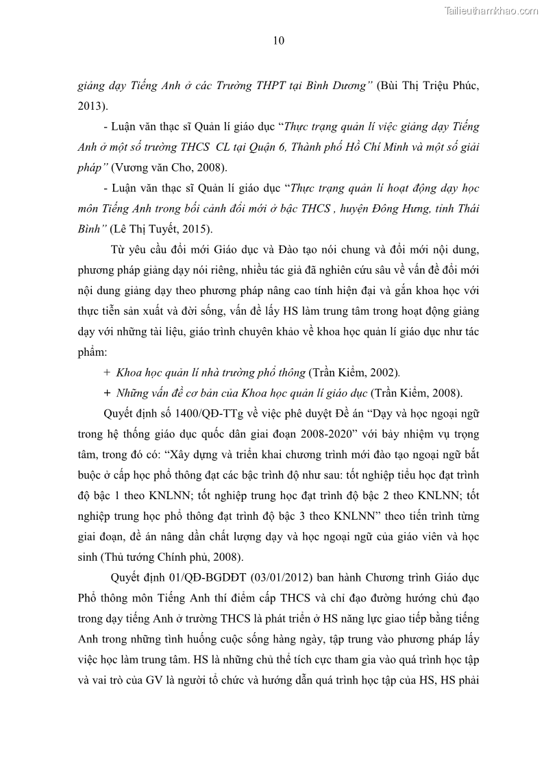 Luận văn thạc sĩ khoa học giáo dục Quản lý hoạt động giảng dạy môn Tiếng Anh ở trường trung học cơ sở huyện Tam Bình, tỉnh Vĩnh Long - 2 Trang 19