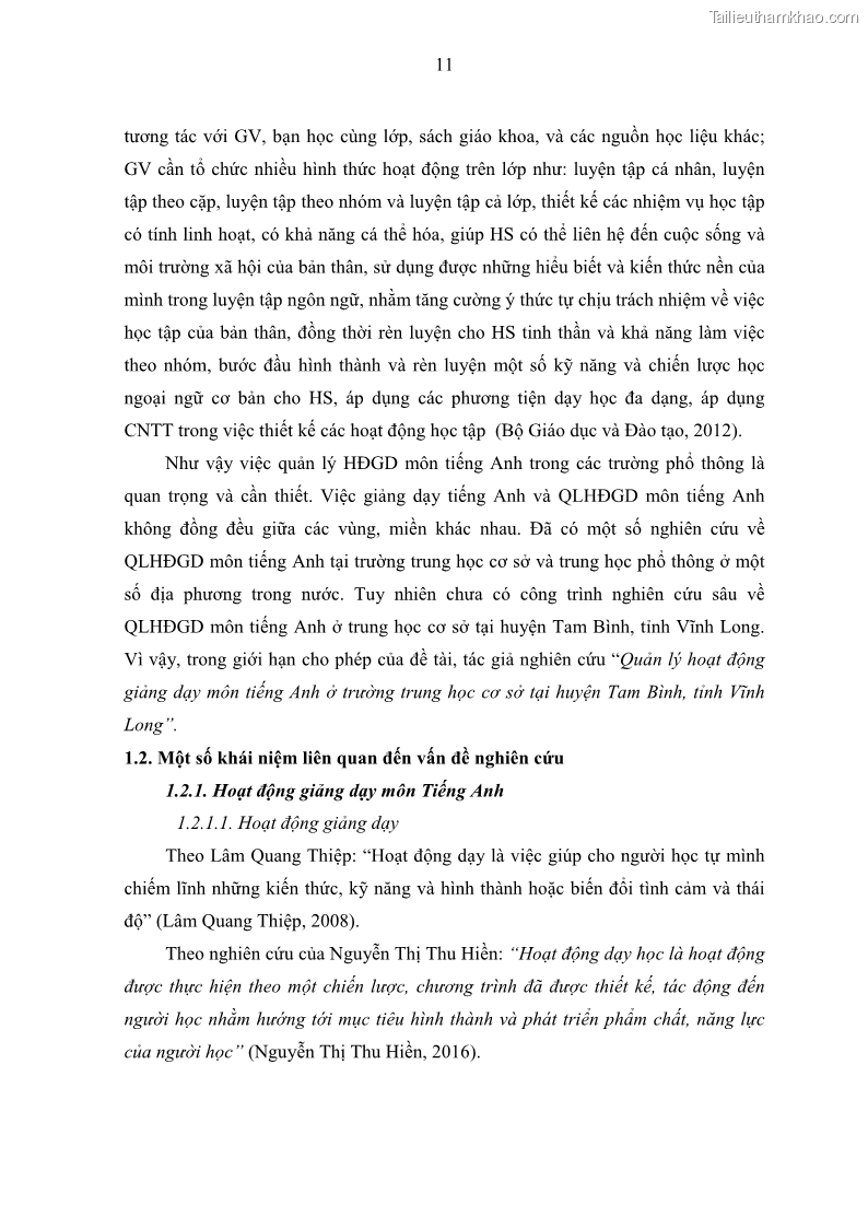 Luận văn thạc sĩ khoa học giáo dục Quản lý hoạt động giảng dạy môn Tiếng Anh ở trường trung học cơ sở huyện Tam Bình, tỉnh Vĩnh Long - 2 Trang 20