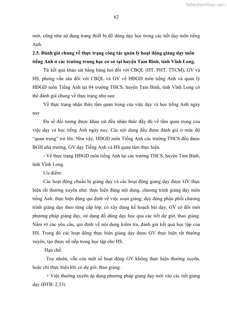 Luận văn thạc sĩ khoa học giáo dục Quản lý hoạt động giảng dạy môn Tiếng Anh ở trường trung học cơ sở huyện Tam Bình, tỉnh Vĩnh Long - 6 Trang 71