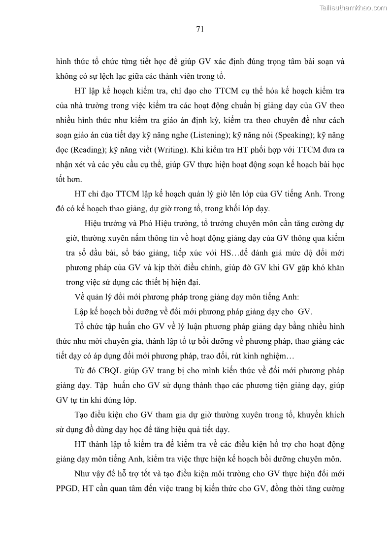 Luận văn thạc sĩ khoa học giáo dục Quản lý hoạt động giảng dạy môn Tiếng Anh ở trường trung học cơ sở huyện Tam Bình, tỉnh Vĩnh Long - 7 Trang 80