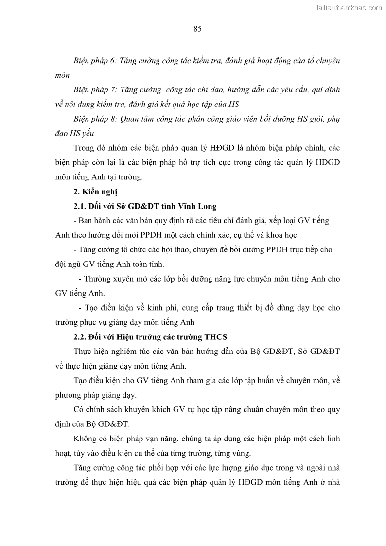 Luận văn thạc sĩ khoa học giáo dục Quản lý hoạt động giảng dạy môn Tiếng Anh ở trường trung học cơ sở huyện Tam Bình, tỉnh Vĩnh Long - 8 Trang 94