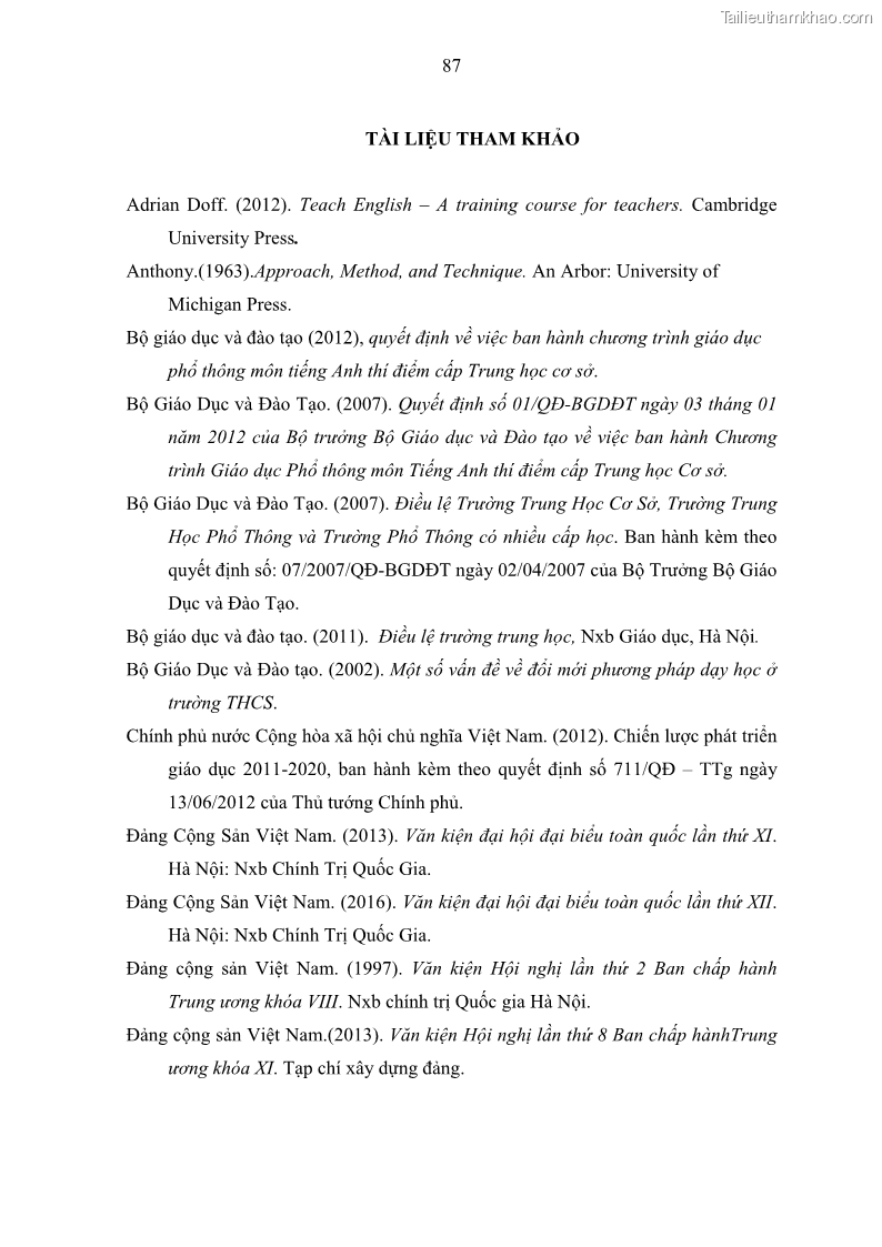 Luận văn thạc sĩ khoa học giáo dục Quản lý hoạt động giảng dạy môn Tiếng Anh ở trường trung học cơ sở huyện Tam Bình, tỉnh Vĩnh Long - 8 Trang 96