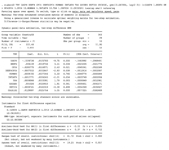 xtabond2 TBY LOGY4 DEBT4 CPI4 DEBT4CPI4 HUMAN4 INFLAT4 TO4 GSIZE4 DEFIC4 CRISIS1 gmm l2 GSIZE4 lag 1