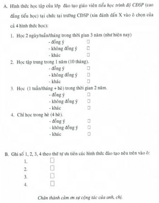 PHIẾU THĂM DÒ Ý KIẾN HỌC VIÊN CĐSP TIỂU HỌC TẠI CHỨC NĂM 3 Xin vui lòng cho 4