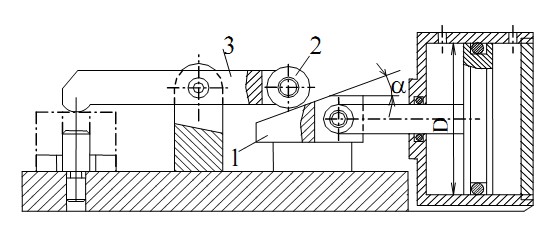 Hình 3 5 Cơ cấu kẹp bằng chêm phẳng chỉ có một mặt nghiêng 1 chêm 2 con lăn 3 14