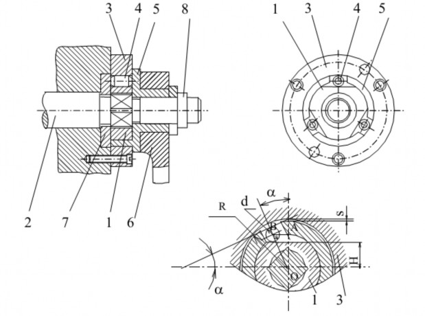 Hình 5 2 Khi 5 quay ngược chiều kim đồng hồ thì các con lăn 4 bị dồn vào giữa 2