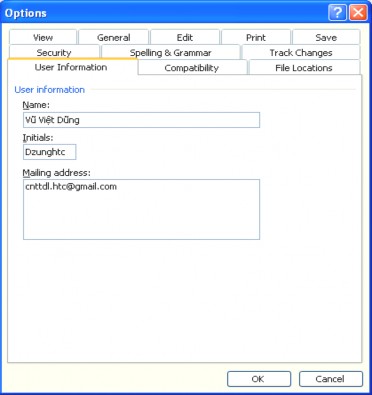 Thiết lập những thông tin của người tạo tệp tài liệu Name Họ tên người 2