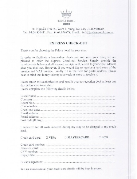Hình 82 Mẫu phiếu yêu cầu dịch vụ trả buồng và thanh toán nhanh Sau khi khách 3