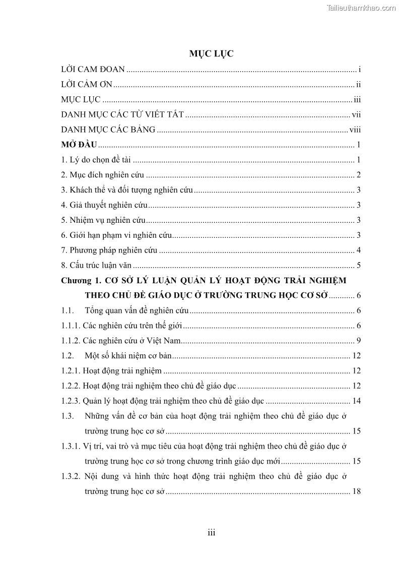 Luận văn thạc sĩ khoa học giáo dục Quản lý hoạt động trải nghiệm theo chủ đề giáo dục ở các trường trung học cơ sở huyện Hiệp Hòa tỉnh Bắc Giang - 1 Trang 5