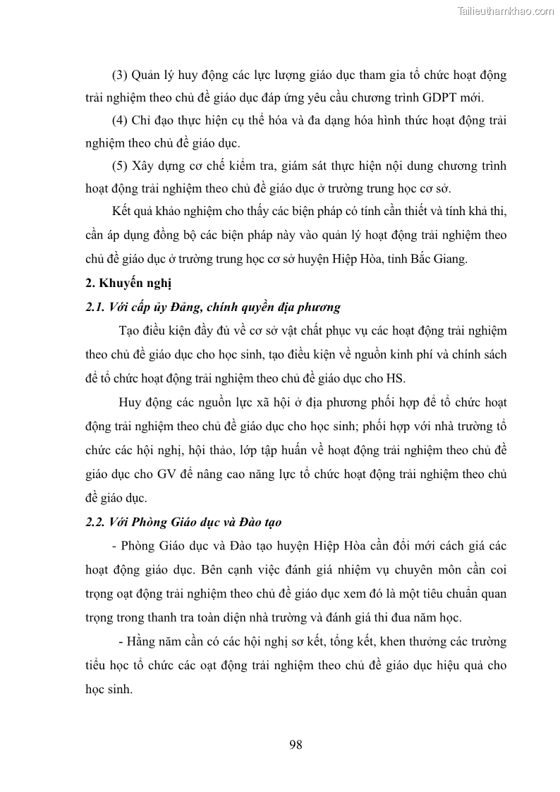 Luận văn thạc sĩ khoa học giáo dục Quản lý hoạt động trải nghiệm theo chủ đề giáo dục ở các trường trung học cơ sở huyện Hiệp Hòa tỉnh Bắc Giang - 10 Trang 109