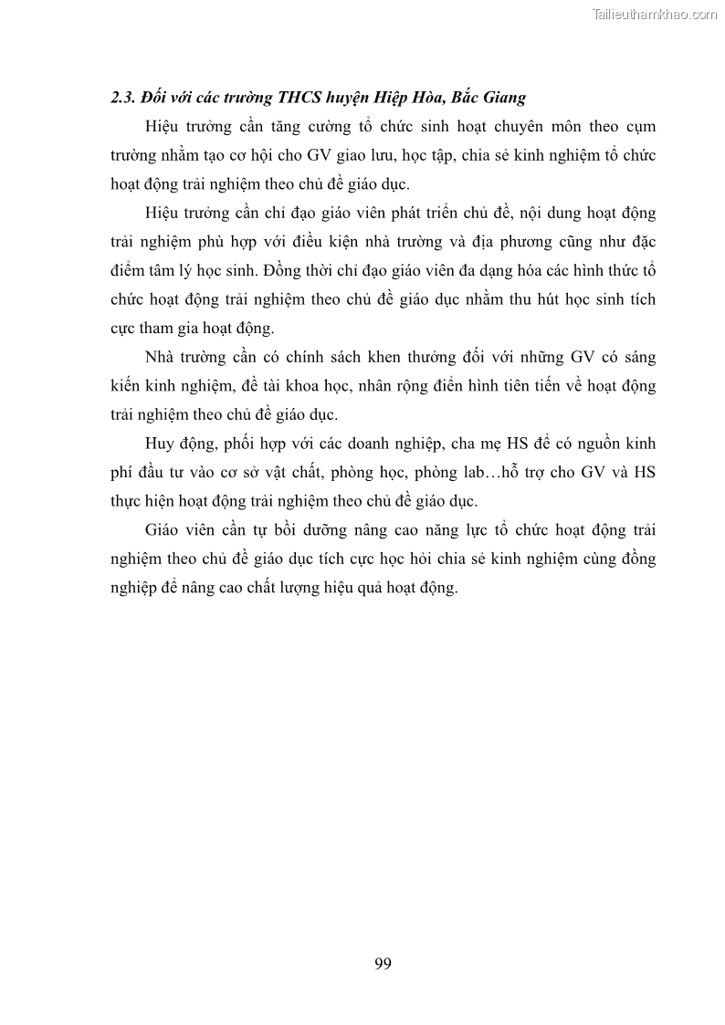 Luận văn thạc sĩ khoa học giáo dục Quản lý hoạt động trải nghiệm theo chủ đề giáo dục ở các trường trung học cơ sở huyện Hiệp Hòa tỉnh Bắc Giang - 10 Trang 110