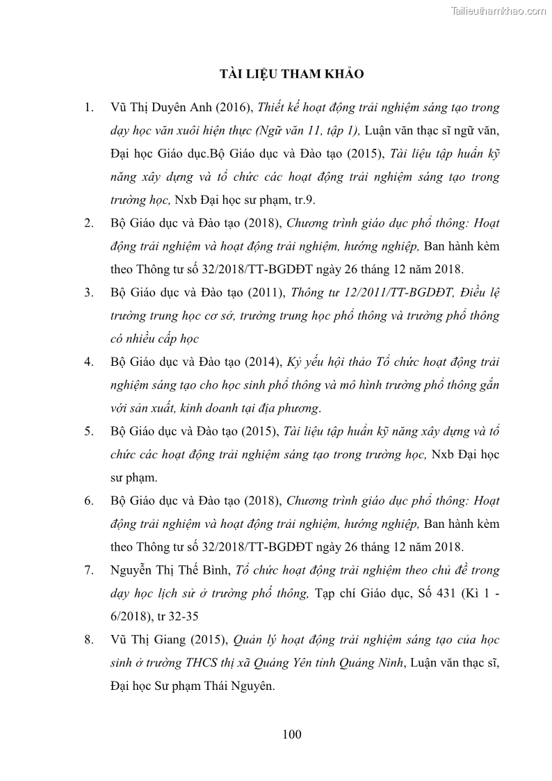 Luận văn thạc sĩ khoa học giáo dục Quản lý hoạt động trải nghiệm theo chủ đề giáo dục ở các trường trung học cơ sở huyện Hiệp Hòa tỉnh Bắc Giang - 10 Trang 111