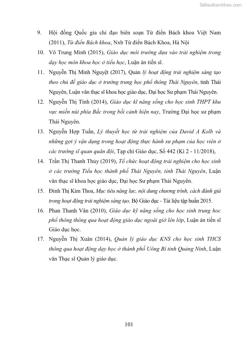 Luận văn thạc sĩ khoa học giáo dục Quản lý hoạt động trải nghiệm theo chủ đề giáo dục ở các trường trung học cơ sở huyện Hiệp Hòa tỉnh Bắc Giang - 10 Trang 112