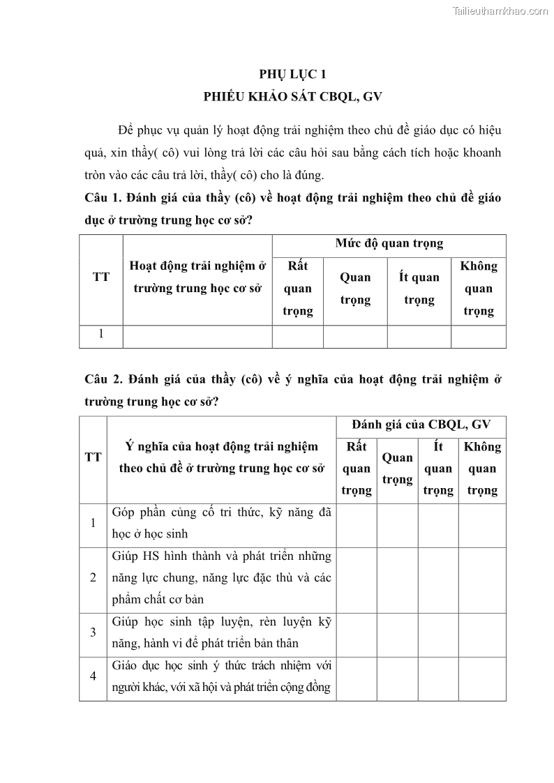 Luận văn thạc sĩ khoa học giáo dục Quản lý hoạt động trải nghiệm theo chủ đề giáo dục ở các trường trung học cơ sở huyện Hiệp Hòa tỉnh Bắc Giang - 10 Trang 113