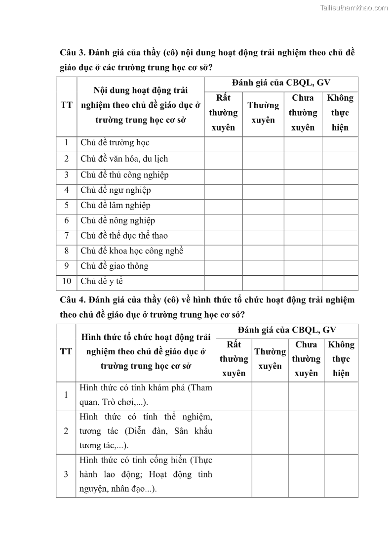 Luận văn thạc sĩ khoa học giáo dục Quản lý hoạt động trải nghiệm theo chủ đề giáo dục ở các trường trung học cơ sở huyện Hiệp Hòa tỉnh Bắc Giang - 10 Trang 114