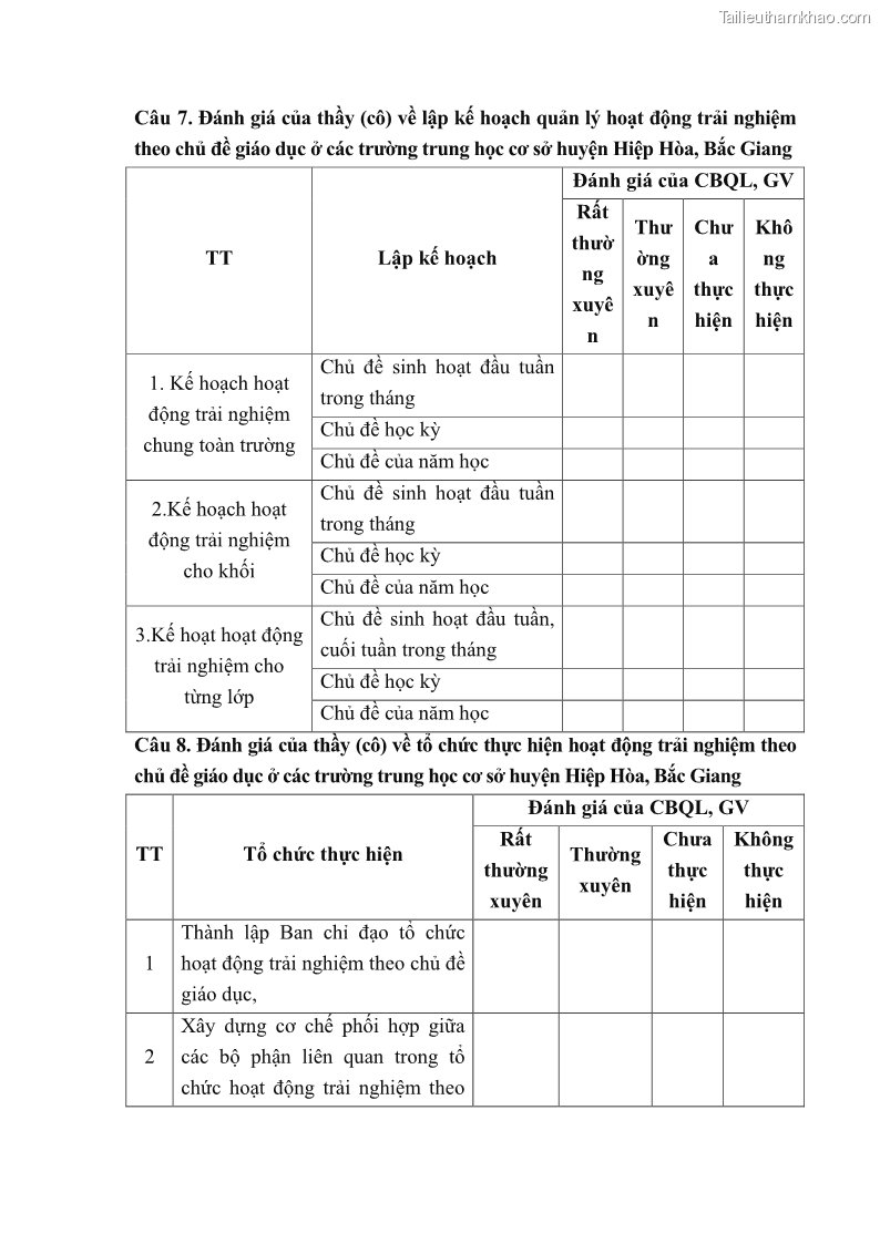 Luận văn thạc sĩ khoa học giáo dục Quản lý hoạt động trải nghiệm theo chủ đề giáo dục ở các trường trung học cơ sở huyện Hiệp Hòa tỉnh Bắc Giang - 10 Trang 117