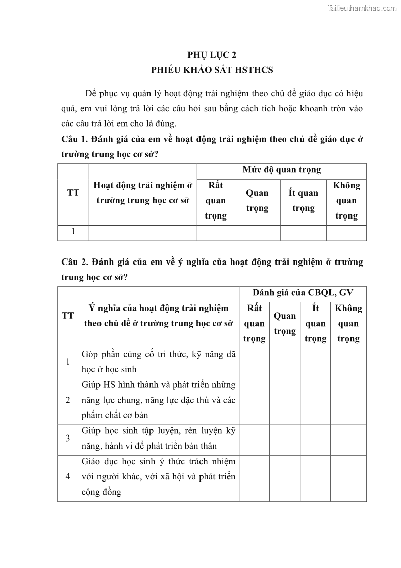Luận văn thạc sĩ khoa học giáo dục Quản lý hoạt động trải nghiệm theo chủ đề giáo dục ở các trường trung học cơ sở huyện Hiệp Hòa tỉnh Bắc Giang - 11 Trang 121