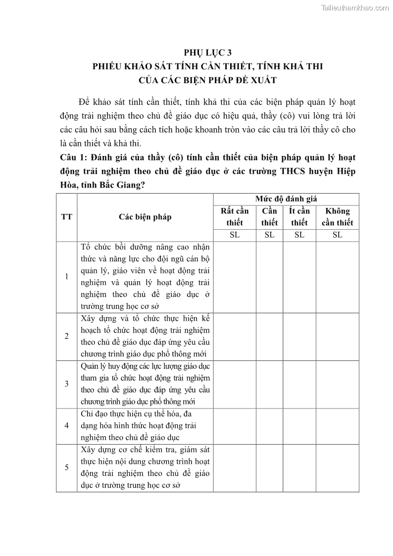 Luận văn thạc sĩ khoa học giáo dục Quản lý hoạt động trải nghiệm theo chủ đề giáo dục ở các trường trung học cơ sở huyện Hiệp Hòa tỉnh Bắc Giang - 11 Trang 124