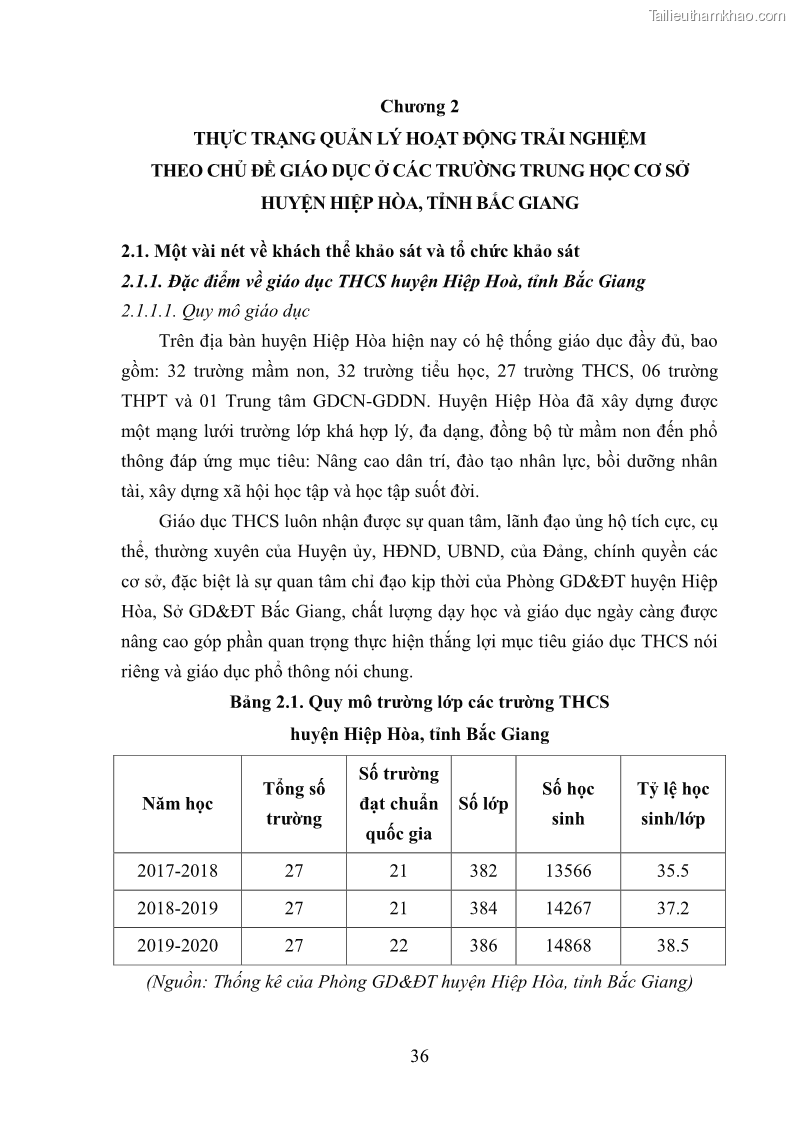 Luận văn thạc sĩ khoa học giáo dục Quản lý hoạt động trải nghiệm theo chủ đề giáo dục ở các trường trung học cơ sở huyện Hiệp Hòa tỉnh Bắc Giang - 4 Trang 47