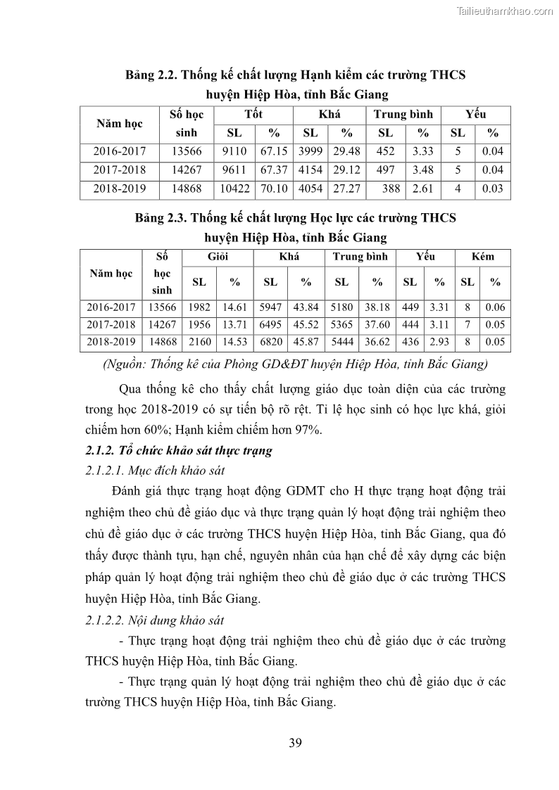 Luận văn thạc sĩ khoa học giáo dục Quản lý hoạt động trải nghiệm theo chủ đề giáo dục ở các trường trung học cơ sở huyện Hiệp Hòa tỉnh Bắc Giang - 5 Trang 50