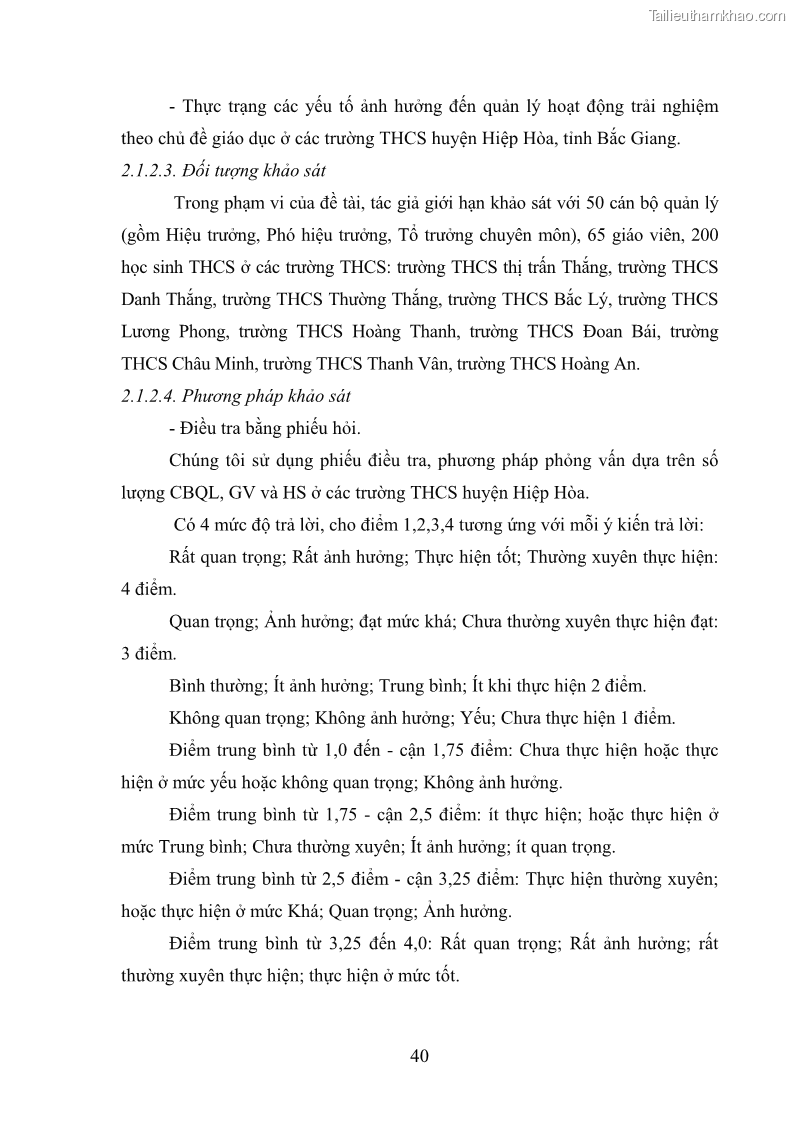 Luận văn thạc sĩ khoa học giáo dục Quản lý hoạt động trải nghiệm theo chủ đề giáo dục ở các trường trung học cơ sở huyện Hiệp Hòa tỉnh Bắc Giang - 5 Trang 51
