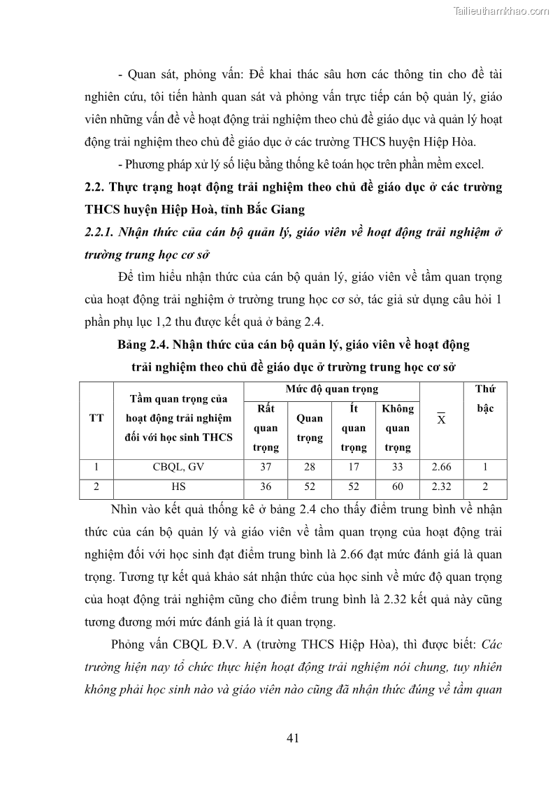 Luận văn thạc sĩ khoa học giáo dục Quản lý hoạt động trải nghiệm theo chủ đề giáo dục ở các trường trung học cơ sở huyện Hiệp Hòa tỉnh Bắc Giang - 5 Trang 52