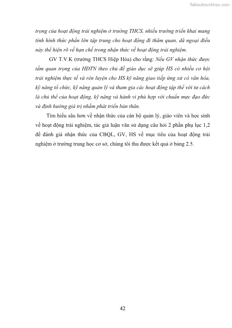 Luận văn thạc sĩ khoa học giáo dục Quản lý hoạt động trải nghiệm theo chủ đề giáo dục ở các trường trung học cơ sở huyện Hiệp Hòa tỉnh Bắc Giang - 5 Trang 53