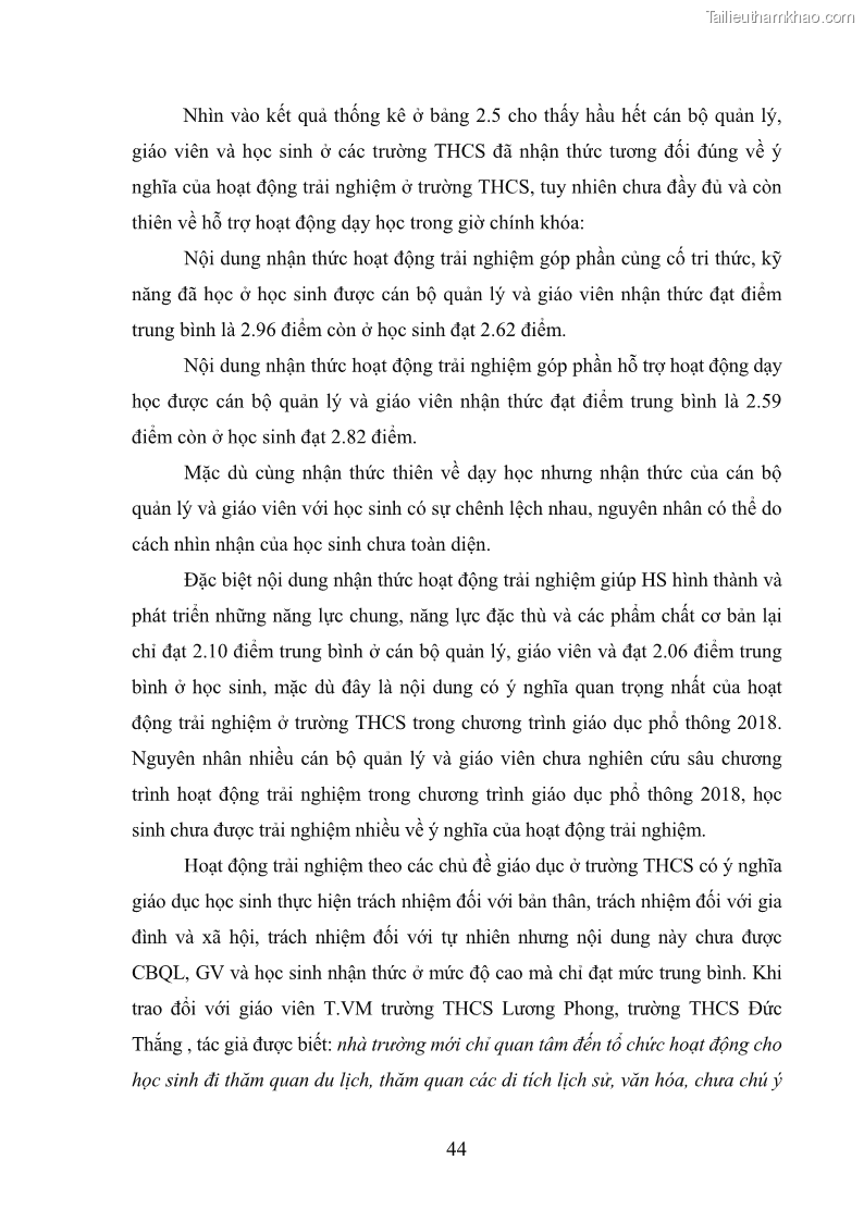 Luận văn thạc sĩ khoa học giáo dục Quản lý hoạt động trải nghiệm theo chủ đề giáo dục ở các trường trung học cơ sở huyện Hiệp Hòa tỉnh Bắc Giang - 5 Trang 55