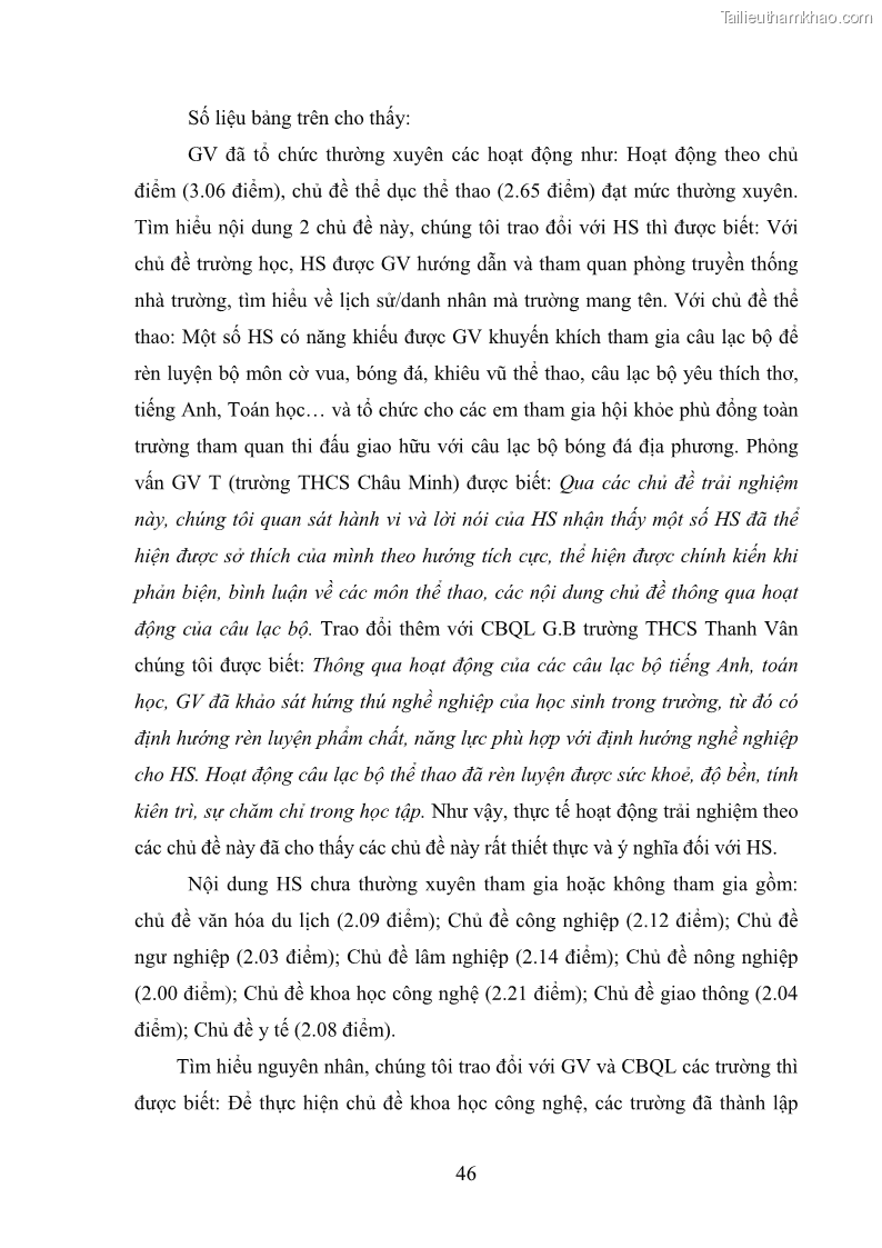 Luận văn thạc sĩ khoa học giáo dục Quản lý hoạt động trải nghiệm theo chủ đề giáo dục ở các trường trung học cơ sở huyện Hiệp Hòa tỉnh Bắc Giang - 5 Trang 57