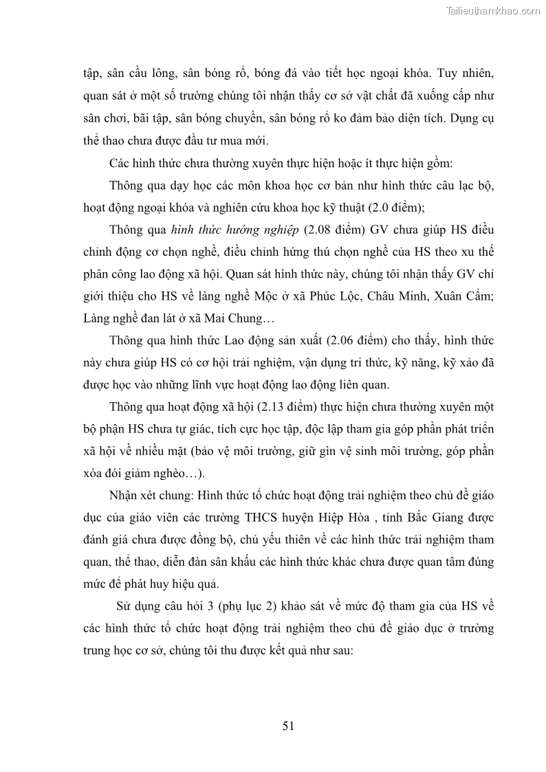 Luận văn thạc sĩ khoa học giáo dục Quản lý hoạt động trải nghiệm theo chủ đề giáo dục ở các trường trung học cơ sở huyện Hiệp Hòa tỉnh Bắc Giang - 6 Trang 62