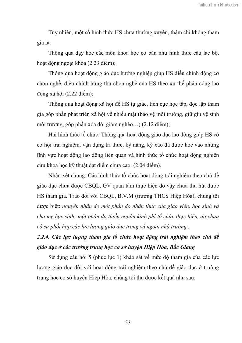 Luận văn thạc sĩ khoa học giáo dục Quản lý hoạt động trải nghiệm theo chủ đề giáo dục ở các trường trung học cơ sở huyện Hiệp Hòa tỉnh Bắc Giang - 6 Trang 64