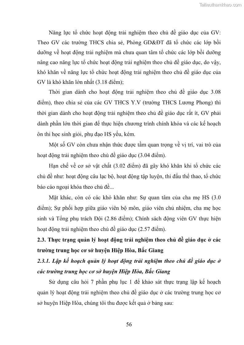 Luận văn thạc sĩ khoa học giáo dục Quản lý hoạt động trải nghiệm theo chủ đề giáo dục ở các trường trung học cơ sở huyện Hiệp Hòa tỉnh Bắc Giang - 6 Trang 67