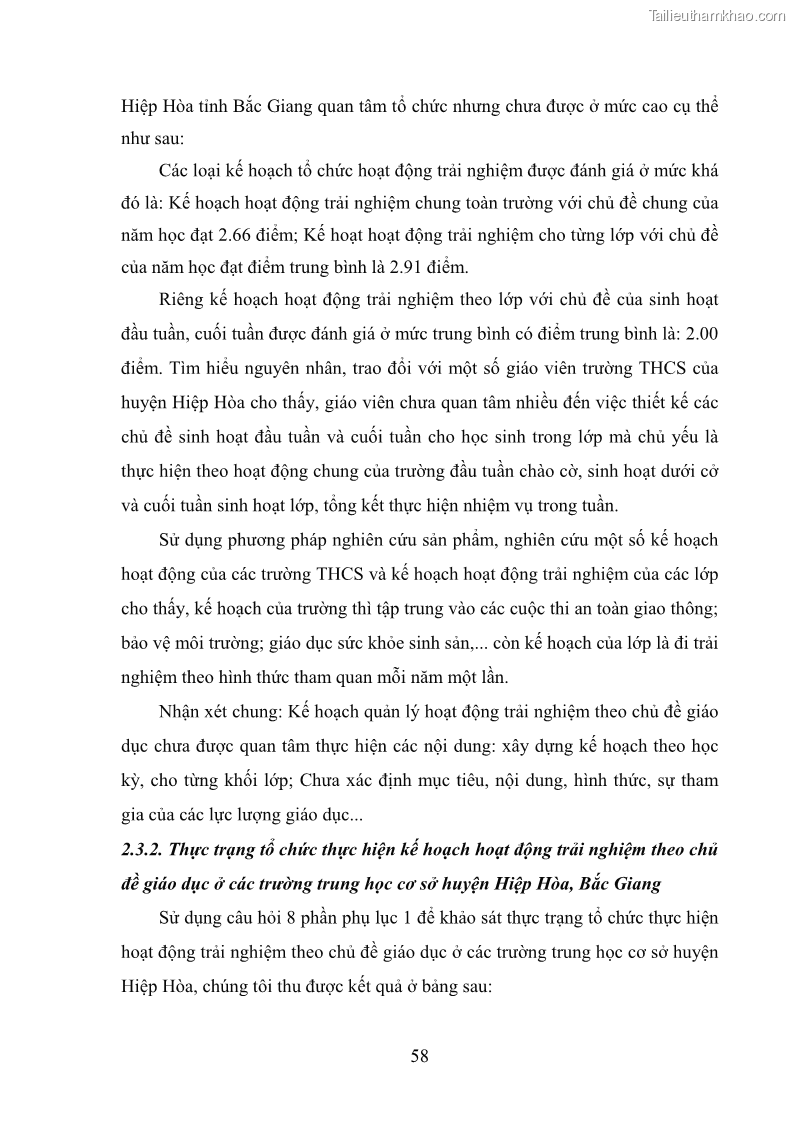 Luận văn thạc sĩ khoa học giáo dục Quản lý hoạt động trải nghiệm theo chủ đề giáo dục ở các trường trung học cơ sở huyện Hiệp Hòa tỉnh Bắc Giang - 6 Trang 69