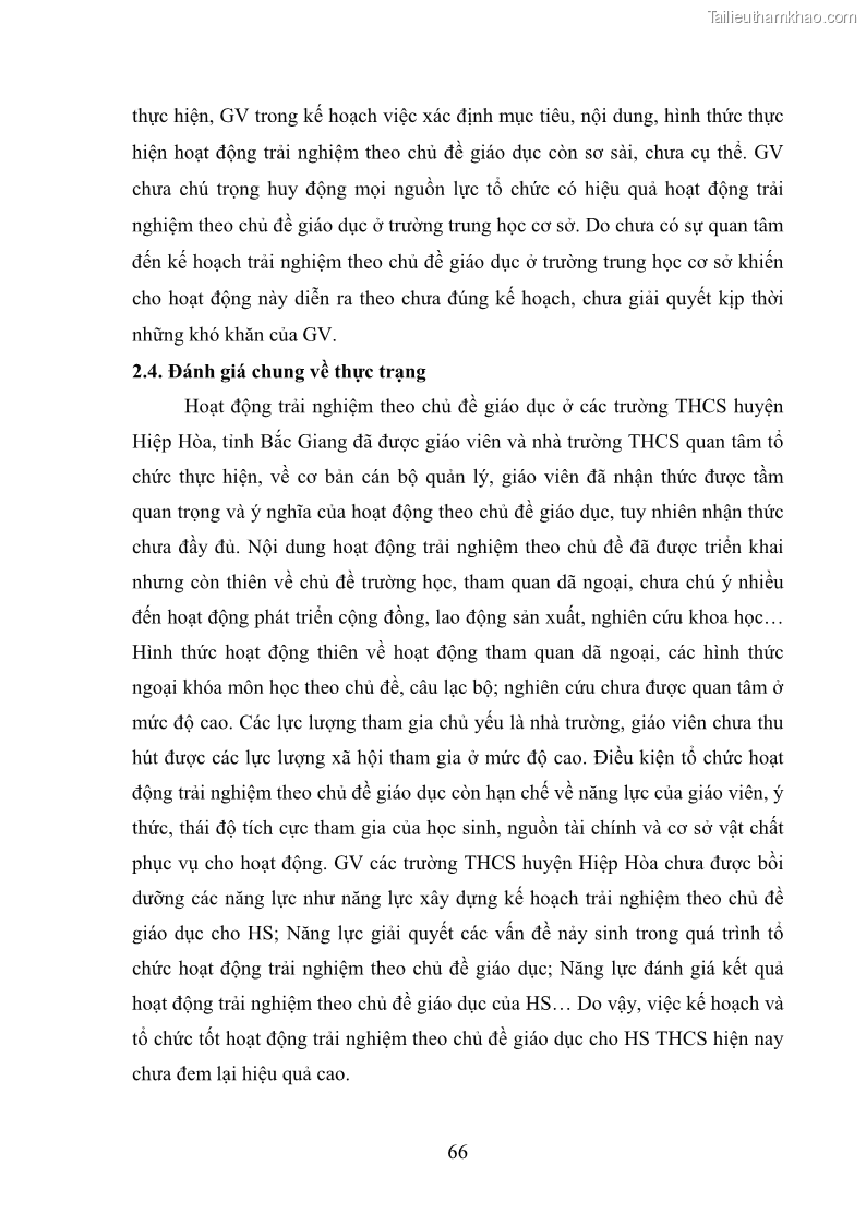 Luận văn thạc sĩ khoa học giáo dục Quản lý hoạt động trải nghiệm theo chủ đề giáo dục ở các trường trung học cơ sở huyện Hiệp Hòa tỉnh Bắc Giang - 7 Trang 77