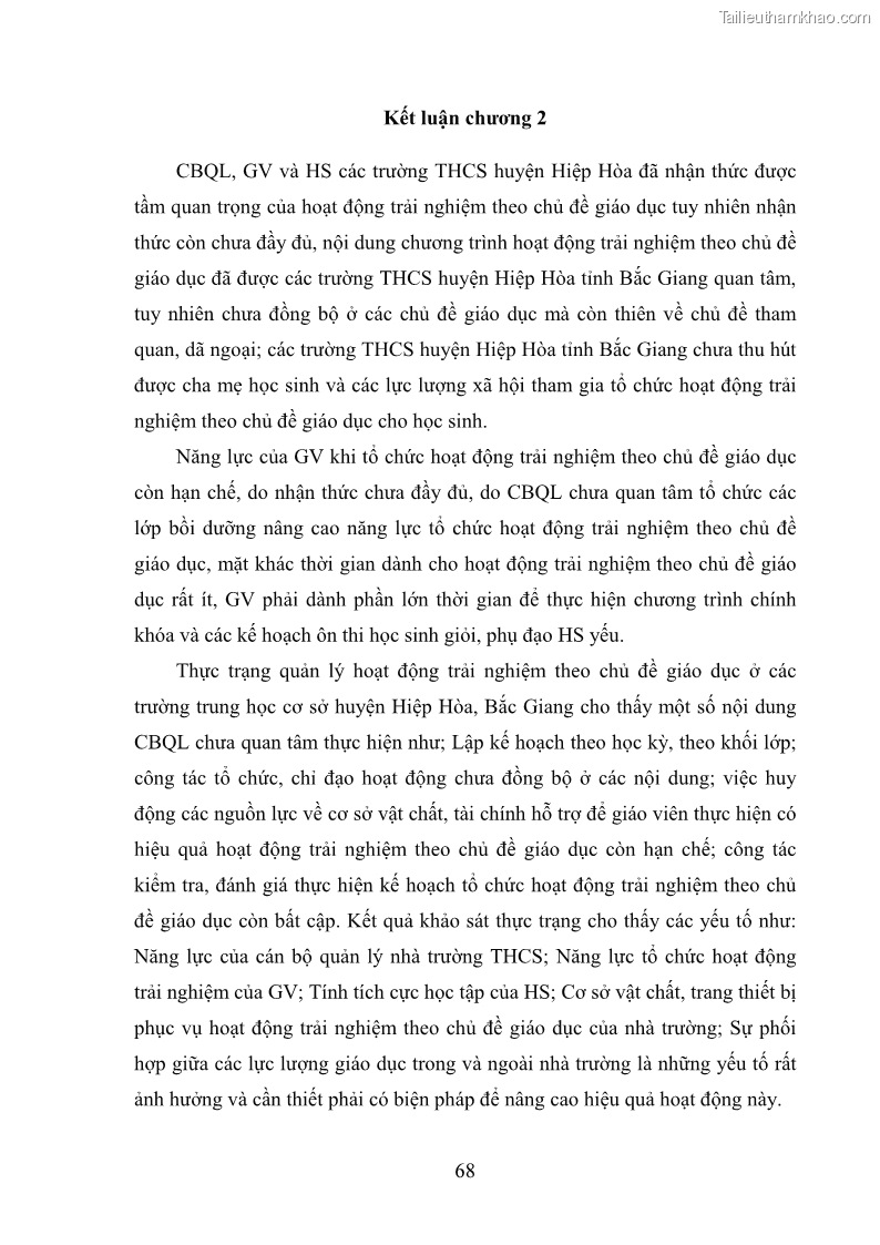 Luận văn thạc sĩ khoa học giáo dục Quản lý hoạt động trải nghiệm theo chủ đề giáo dục ở các trường trung học cơ sở huyện Hiệp Hòa tỉnh Bắc Giang - 7 Trang 79