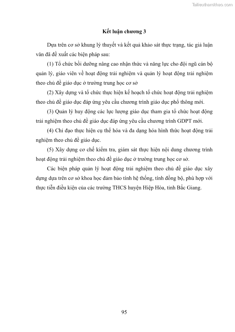 Luận văn thạc sĩ khoa học giáo dục Quản lý hoạt động trải nghiệm theo chủ đề giáo dục ở các trường trung học cơ sở huyện Hiệp Hòa tỉnh Bắc Giang - 9 Trang 106