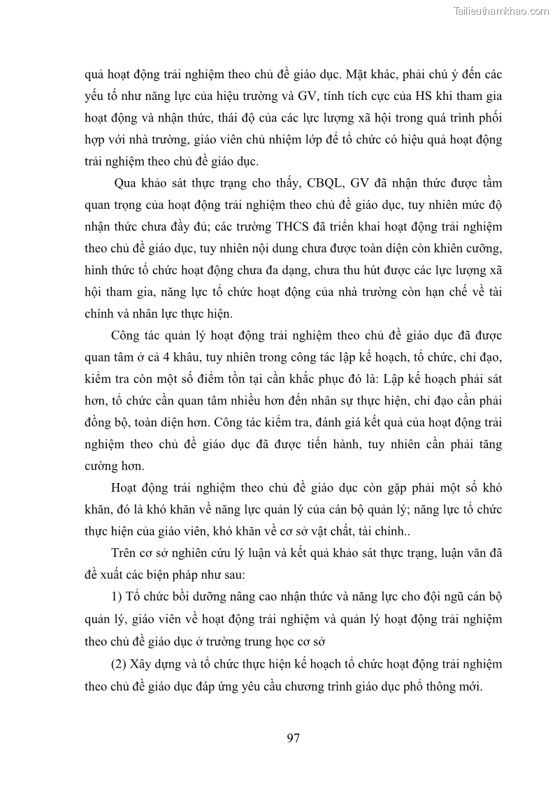 Luận văn thạc sĩ khoa học giáo dục Quản lý hoạt động trải nghiệm theo chủ đề giáo dục ở các trường trung học cơ sở huyện Hiệp Hòa tỉnh Bắc Giang - 9 Trang 108