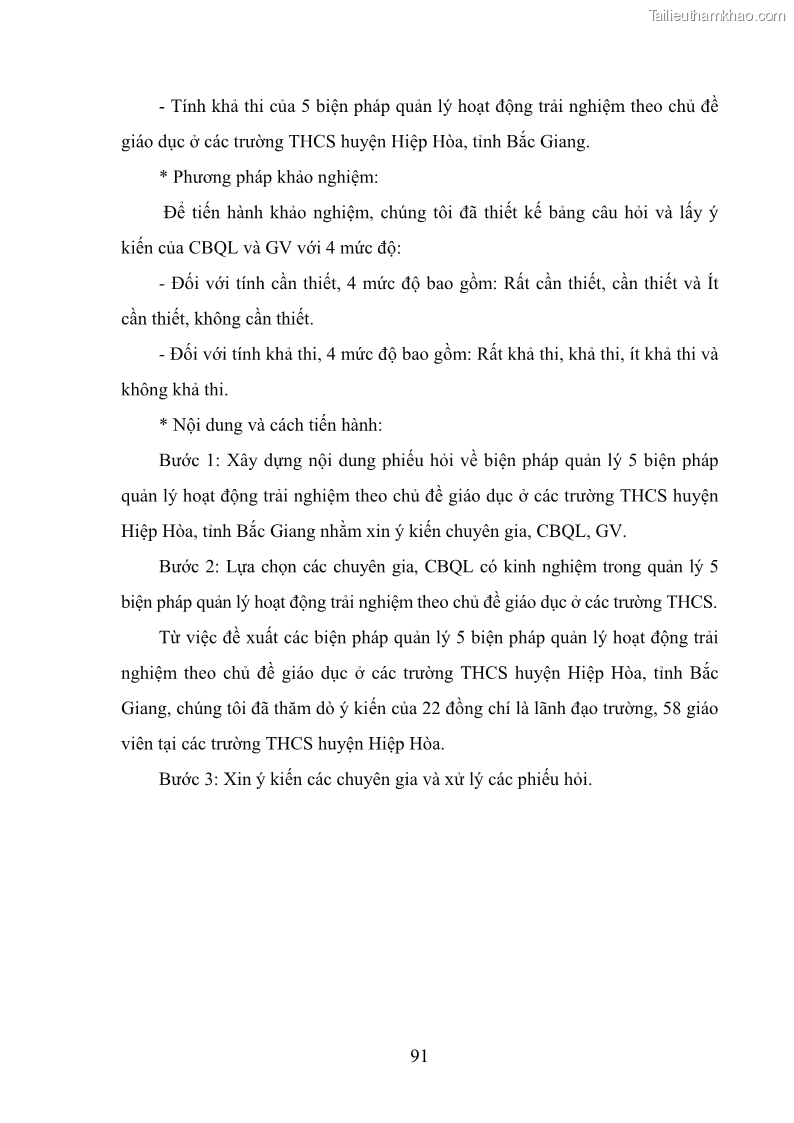 Luận văn thạc sĩ khoa học giáo dục Quản lý hoạt động trải nghiệm theo chủ đề giáo dục ở các trường trung học cơ sở huyện Hiệp Hòa tỉnh Bắc Giang - 9 Trang 102