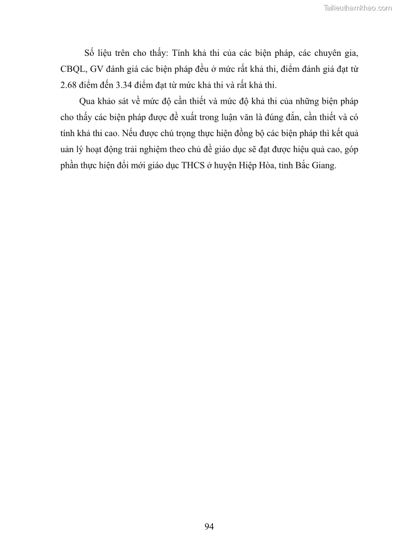 Luận văn thạc sĩ khoa học giáo dục Quản lý hoạt động trải nghiệm theo chủ đề giáo dục ở các trường trung học cơ sở huyện Hiệp Hòa tỉnh Bắc Giang - 9 Trang 105