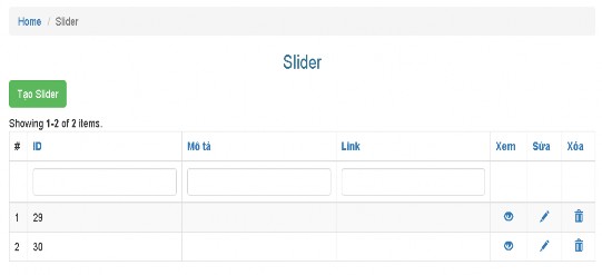 Hình 17 Giao diện Slider Tại giao diện Slider hiển thị tiêu đề Slider gồm có các 5