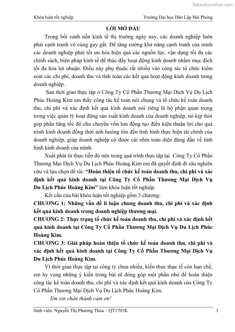 Khóa luận tốt nghiệp kế toán kiểm toán Hoàn thiện tổ chức kế toán doanh thu, chi phí và xác định kết quả kinh doanh tại Công ty Cổ phần thương mại dịch vụ du lịch Phúc Hoàng Kim - 1 Trang 6