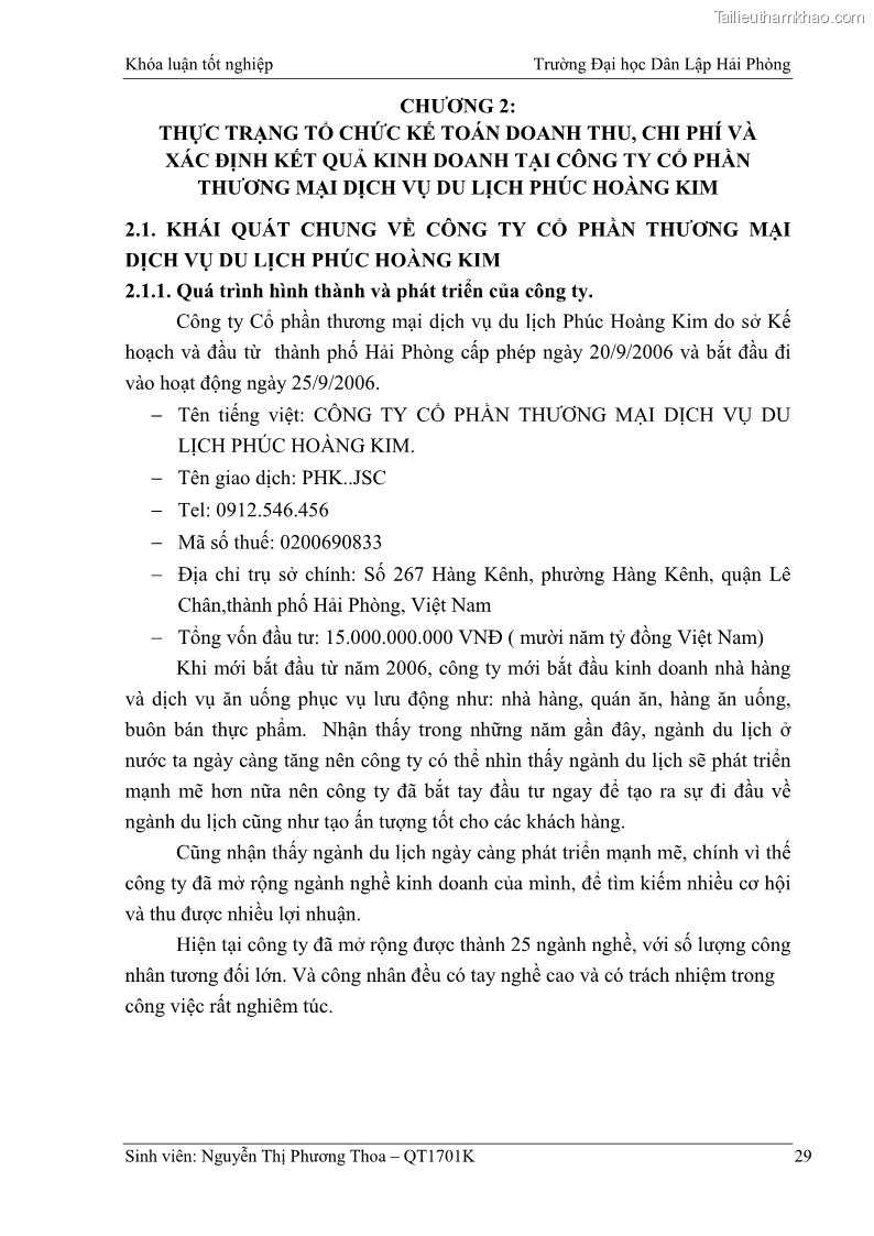 Khóa luận tốt nghiệp kế toán kiểm toán Hoàn thiện tổ chức kế toán doanh thu, chi phí và xác định kết quả kinh doanh tại Công ty Cổ phần thương mại dịch vụ du lịch Phúc Hoàng Kim - 3 Trang 34