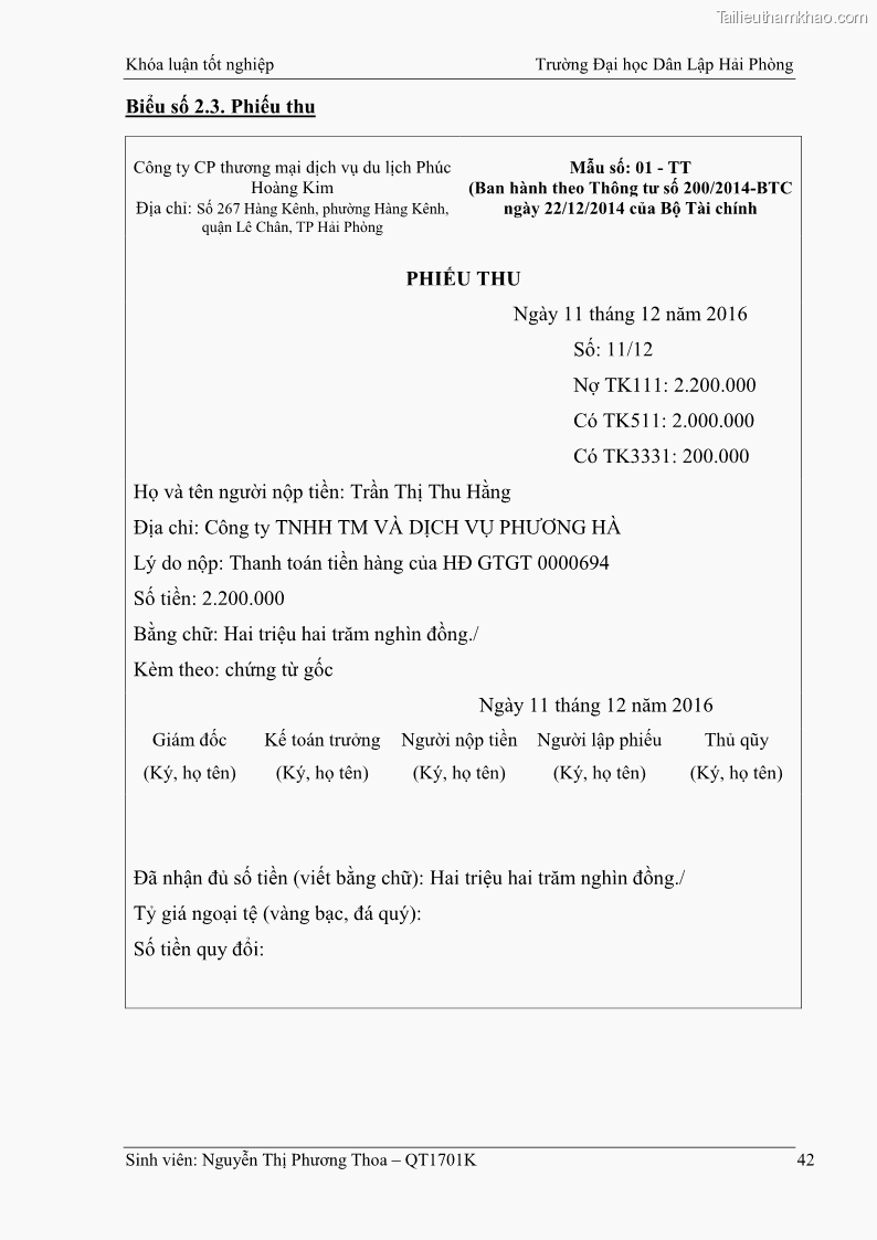 Khóa luận tốt nghiệp kế toán kiểm toán Hoàn thiện tổ chức kế toán doanh thu, chi phí và xác định kết quả kinh doanh tại Công ty Cổ phần thương mại dịch vụ du lịch Phúc Hoàng Kim - 4 Trang 47