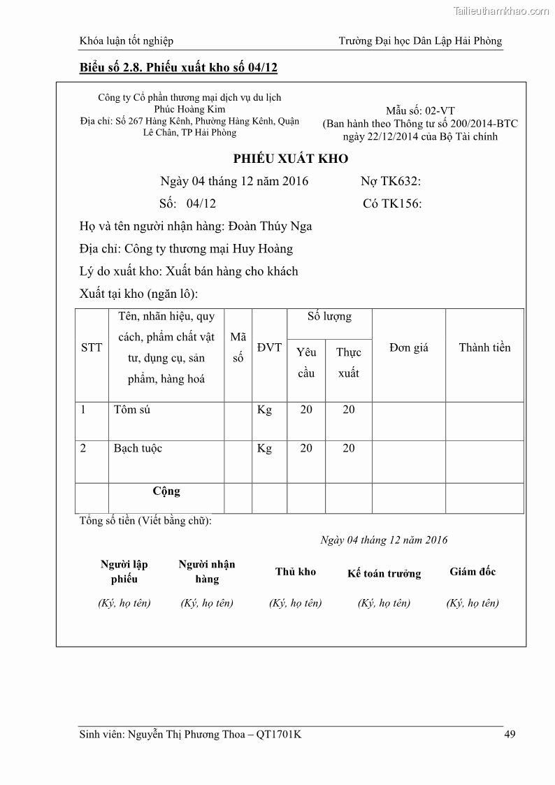 Khóa luận tốt nghiệp kế toán kiểm toán Hoàn thiện tổ chức kế toán doanh thu, chi phí và xác định kết quả kinh doanh tại Công ty Cổ phần thương mại dịch vụ du lịch Phúc Hoàng Kim - 5 Trang 54