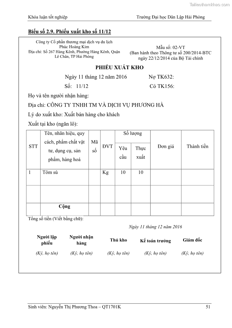 Khóa luận tốt nghiệp kế toán kiểm toán Hoàn thiện tổ chức kế toán doanh thu, chi phí và xác định kết quả kinh doanh tại Công ty Cổ phần thương mại dịch vụ du lịch Phúc Hoàng Kim - 5 Trang 56