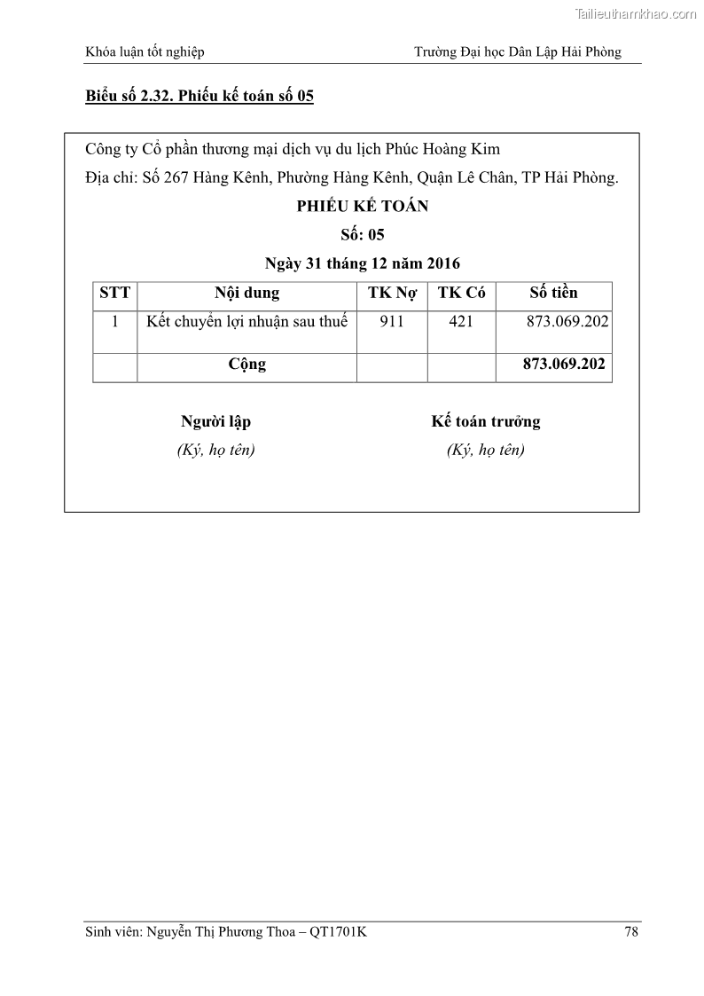 Khóa luận tốt nghiệp kế toán kiểm toán Hoàn thiện tổ chức kế toán doanh thu, chi phí và xác định kết quả kinh doanh tại Công ty Cổ phần thương mại dịch vụ du lịch Phúc Hoàng Kim - 7 Trang 83