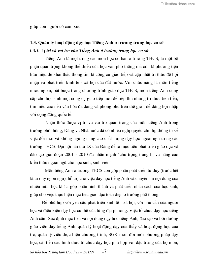 Luận văn thạc sĩ khoa học giáo dục Tổ chức dạy học tiếng Anh thông qua thiết lập môi trường giao tiếp tại các trường trung học cơ sở thị xã Phú Thọ, tỉnh Phú Thọ - 3 Trang 27