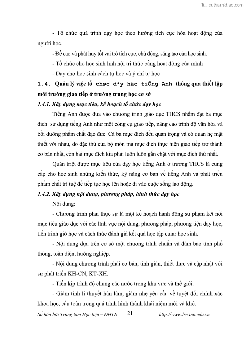Luận văn thạc sĩ khoa học giáo dục Tổ chức dạy học tiếng Anh thông qua thiết lập môi trường giao tiếp tại các trường trung học cơ sở thị xã Phú Thọ, tỉnh Phú Thọ - 3 Trang 31