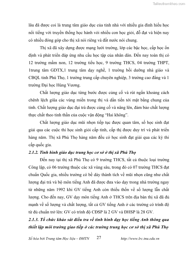 Luận văn thạc sĩ khoa học giáo dục Tổ chức dạy học tiếng Anh thông qua thiết lập môi trường giao tiếp tại các trường trung học cơ sở thị xã Phú Thọ, tỉnh Phú Thọ - 4 Trang 37